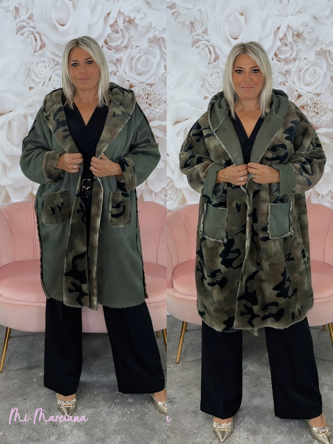 ABRIGO LARGO REVERSIBLE CAMUFLAJE VERDE CAZA