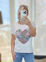 T-SHIRT BIANCA CON FIORI A CUORE