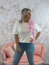 T-SHIRT BIANCA FIORE RIGHE ROSA