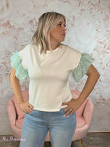 T-SHIRT BIANCA CON MANICHE VOLANT VERDE ACQUA