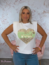 T-SHIRT VERDE CON SPALLA CUORE STAMPA ANIMALIER