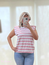 T-SHIRT CON SPALLE A RIGHE QUARZO ROSA