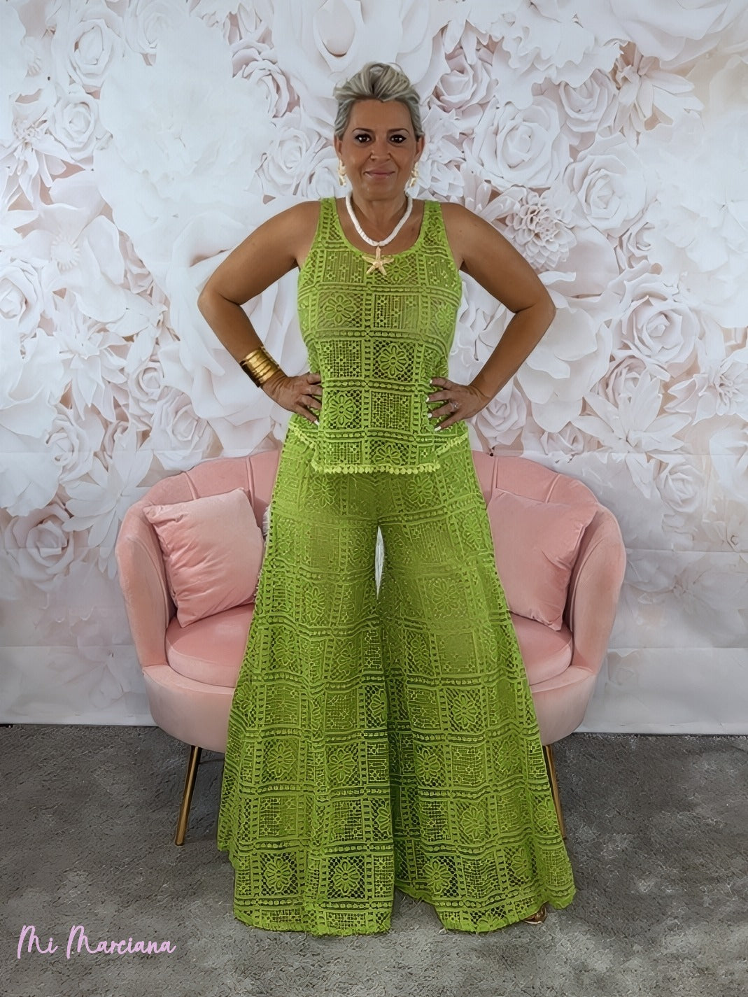 SET TOP E PANTALONI ALL'UNCINETTO LIME FINE