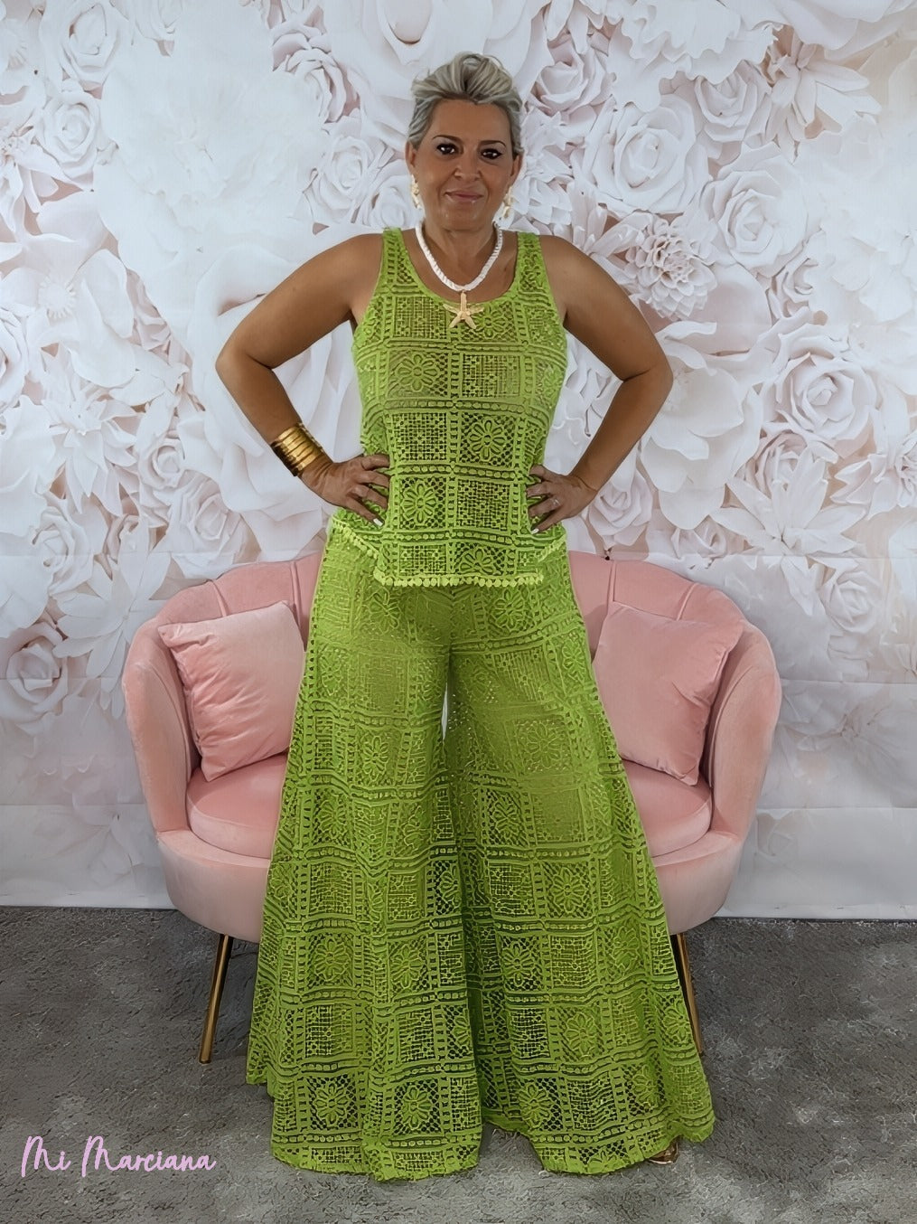 SET TOP E PANTALONI ALL'UNCINETTO LIME FINE