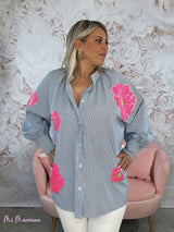 MAXI CAMICIA A RIGHE BLU MARINO CON FIORI DI PAILLETTES