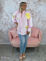 MAXI CAMICIA A RIGHE ROSA CON FIORI DI PAILLETTES