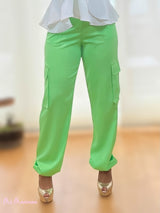 PANTALON CARGO SATEN ARRUGADO VERDE FLUOR