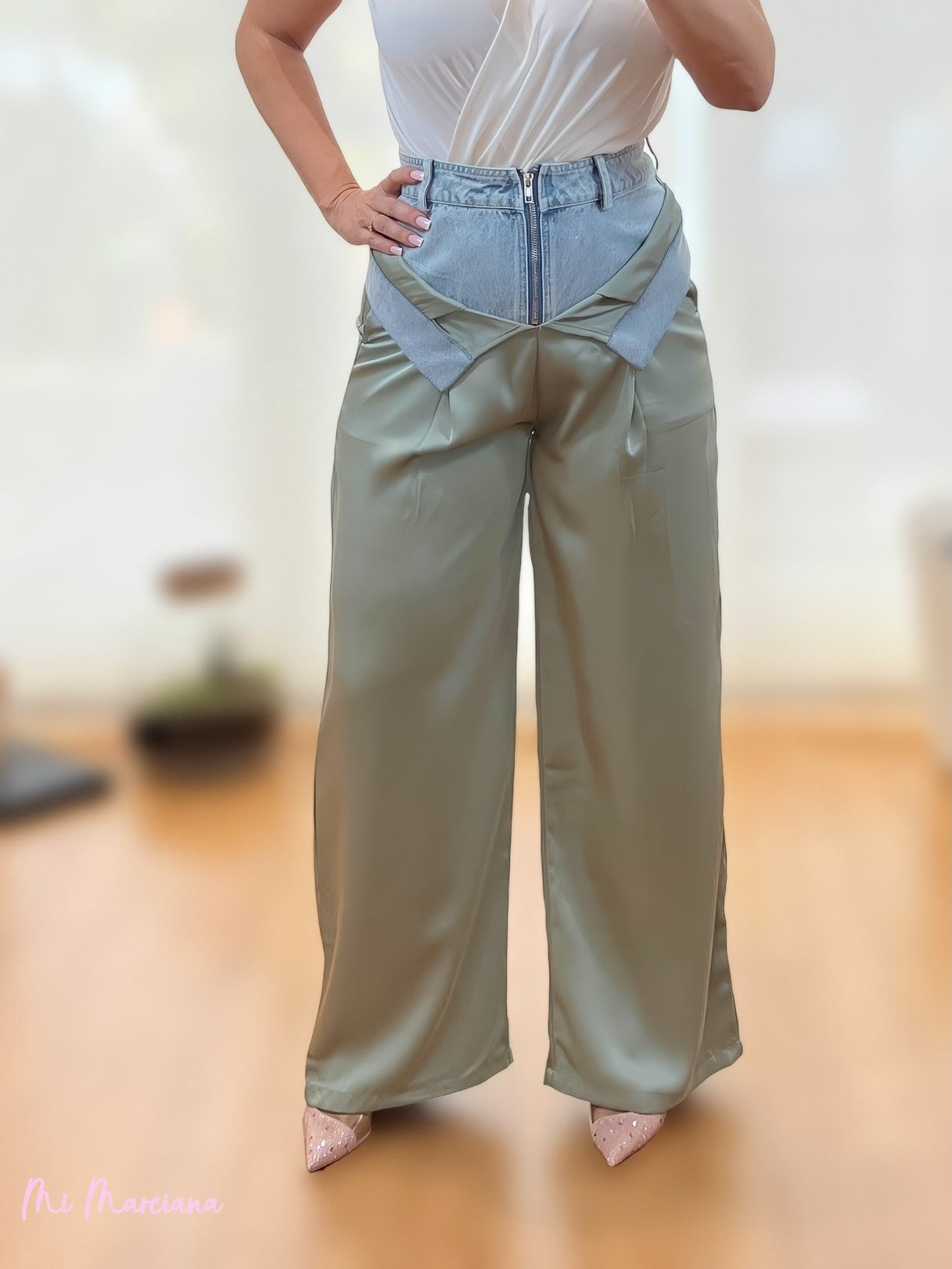 PANTALON COMBINADO SATEN Y VAQUERO VERDE AGUA