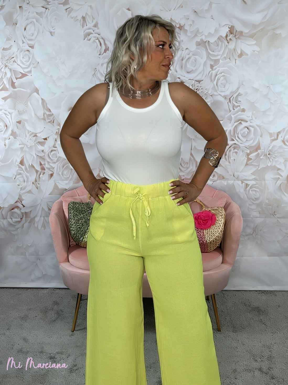 CALÇA LINHO RÚSTICO DESGASTADO MENORCA AMARELO FLUO