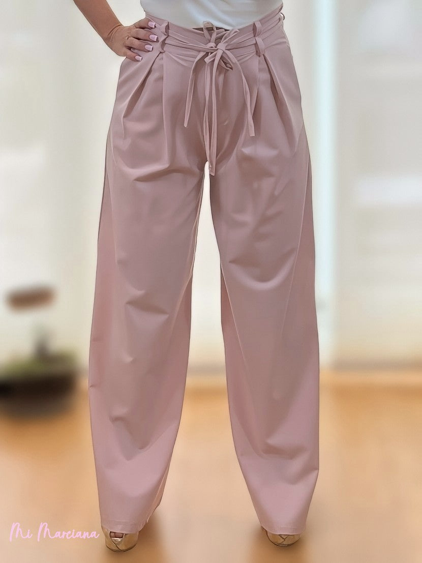 PANTALON PALAZZO PINZAS DOBLE CINTURON ROSA EMPOLVADO