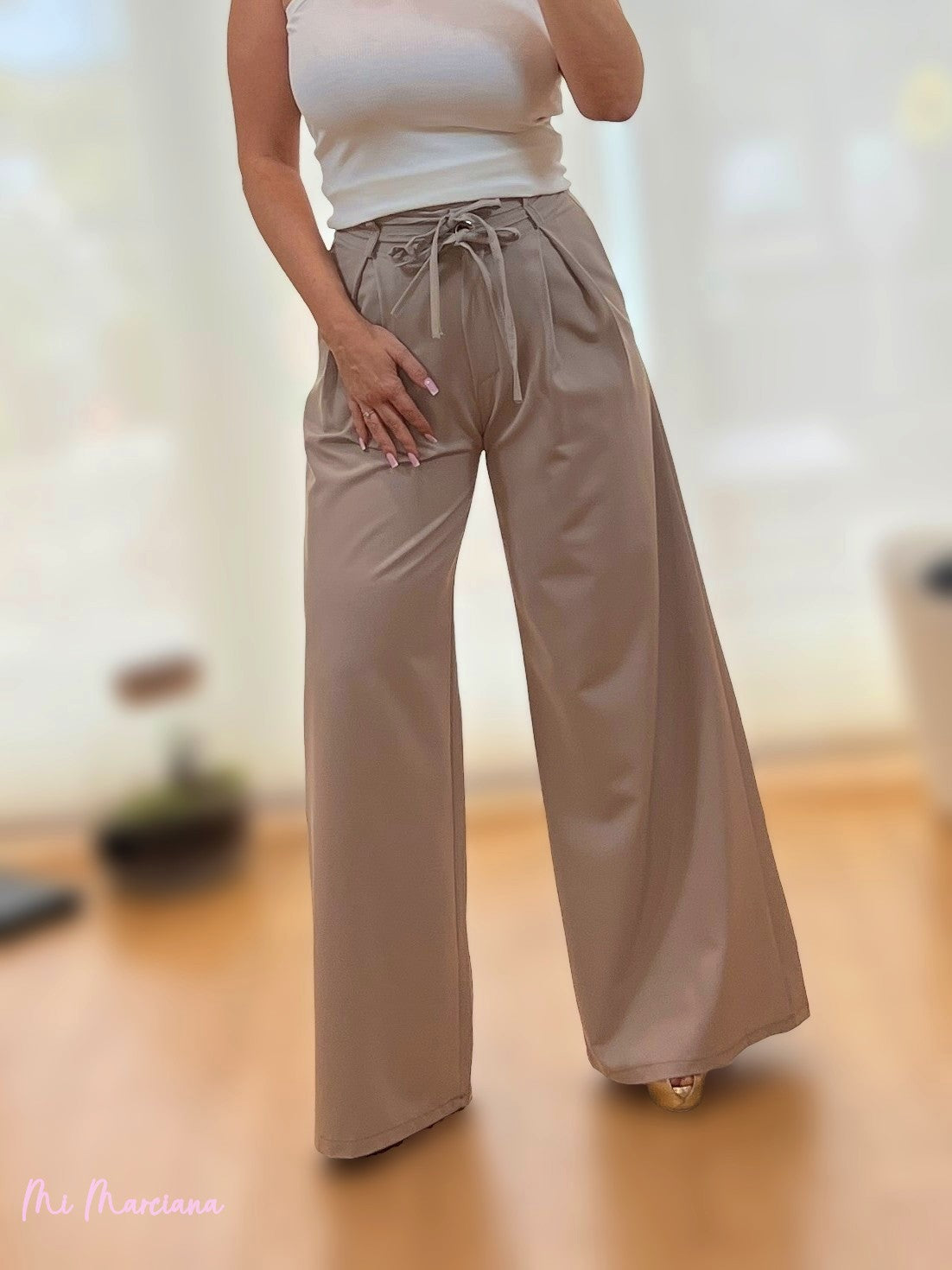 PANTALON PALAZZO PINZAS DOBLE CINTURON TOPO