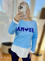 SUDADERA AMOUR FELPA AZUL CON BAJO CAMISA