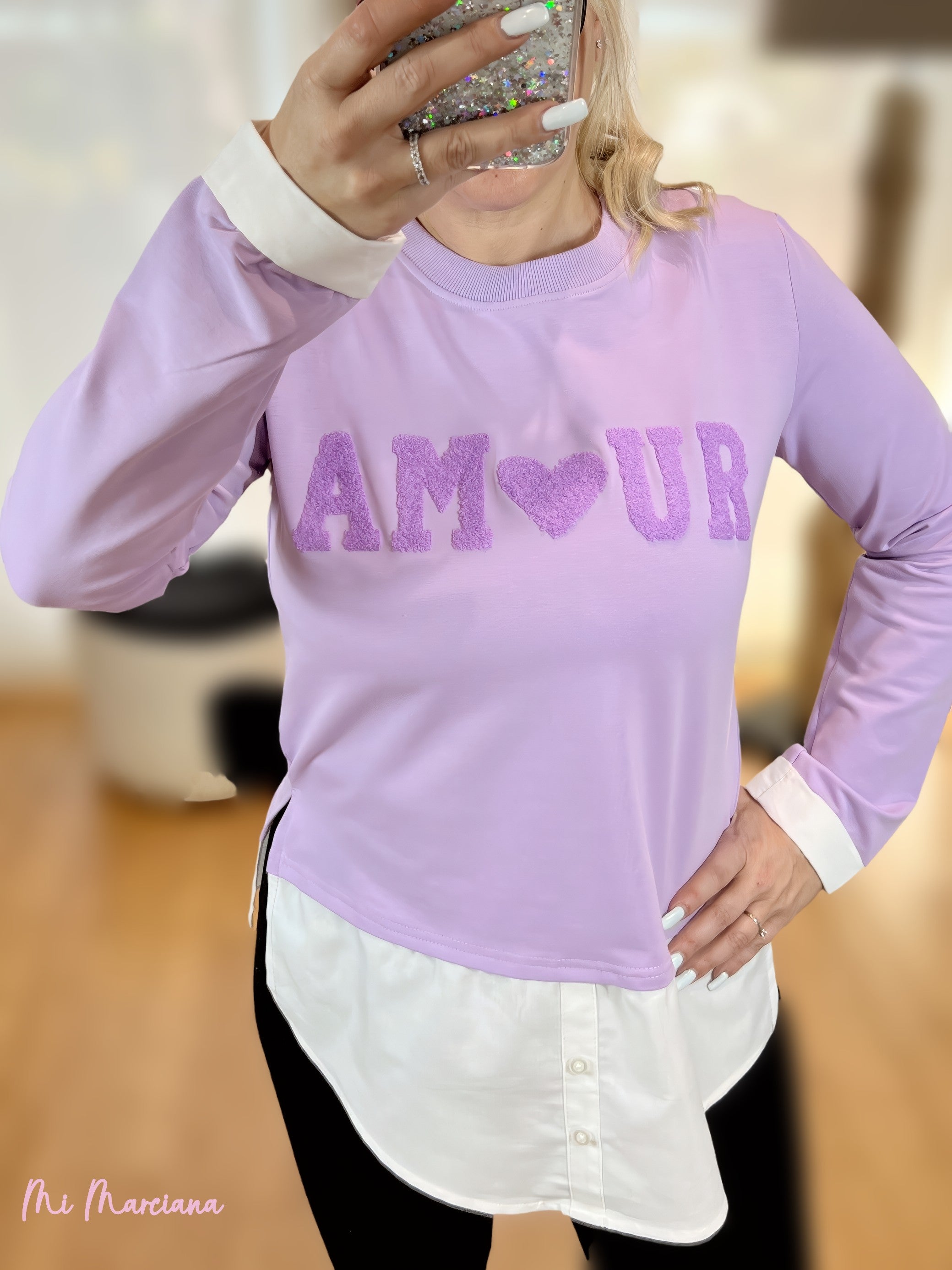 SUDADERA AMOUR FELPA LILA CON BAJO CAMISA