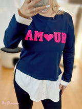 SUDADERA AMOUR FELPA MARINO CON BAJO CAMISA