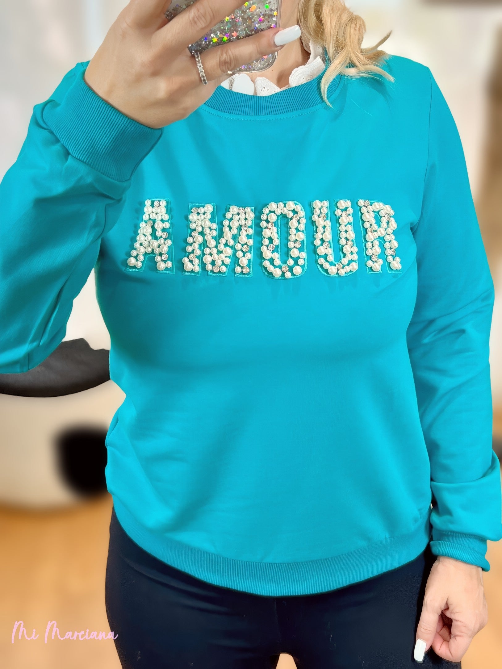 SUDADERA AMOUR PERLAS TURQUESA