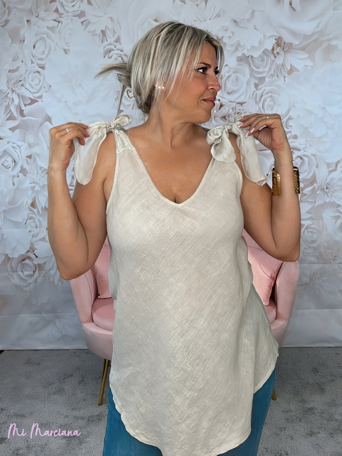 TOP IN LINO CON SPALLINE CON FIOCCO IN SETA BEIGE