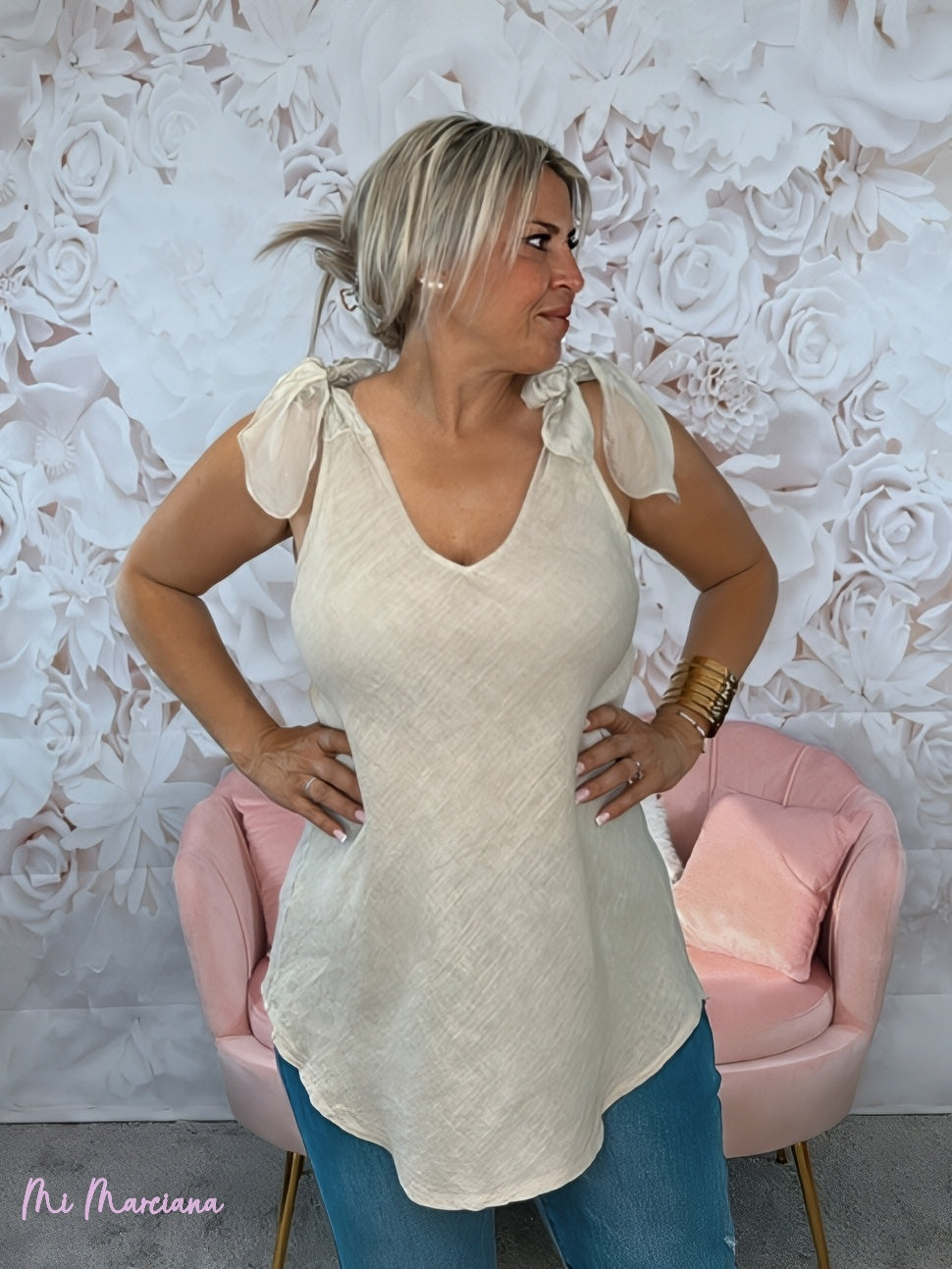 TOP IN LINO CON SPALLINE CON FIOCCO IN SETA BEIGE