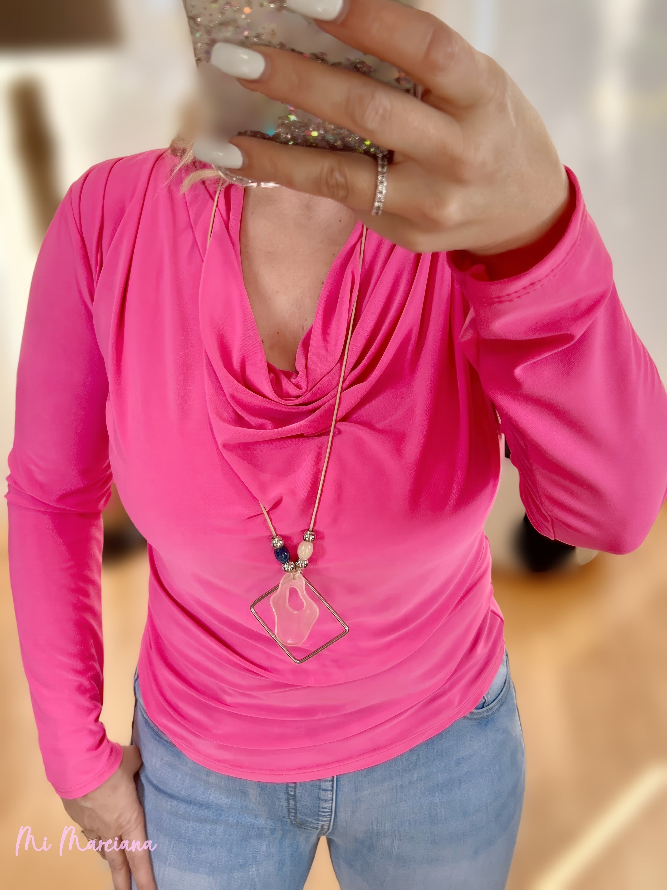 TOP MANICA LUNGA CON SCOLLO DRAPPEGGIATO FUCSIA