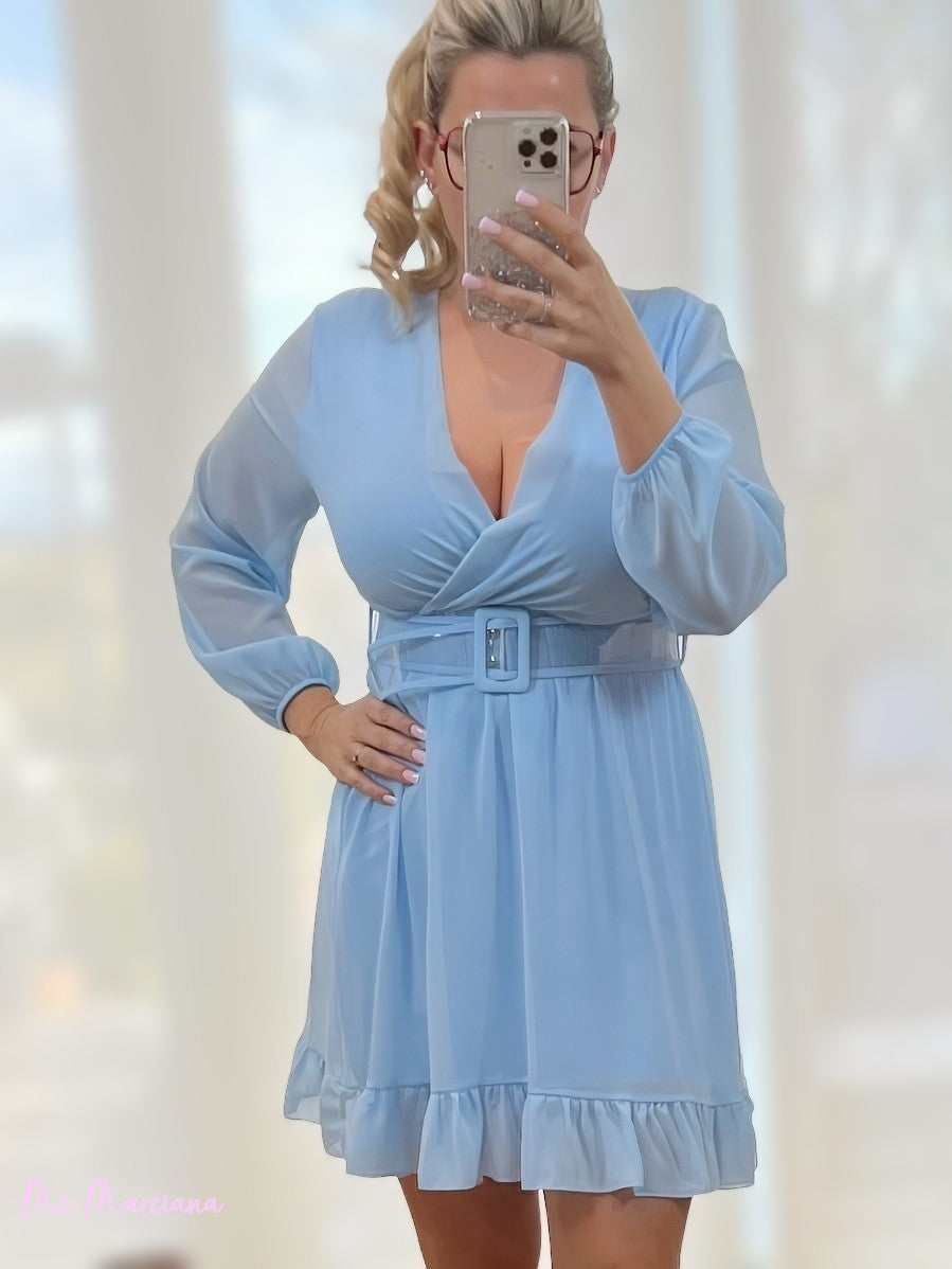 VESTIDO GASA AZUL BEBE CINTURON TRANSPARENTE