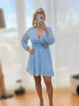 VESTIDO GASA AZUL BEBE CINTURON TRANSPARENTE