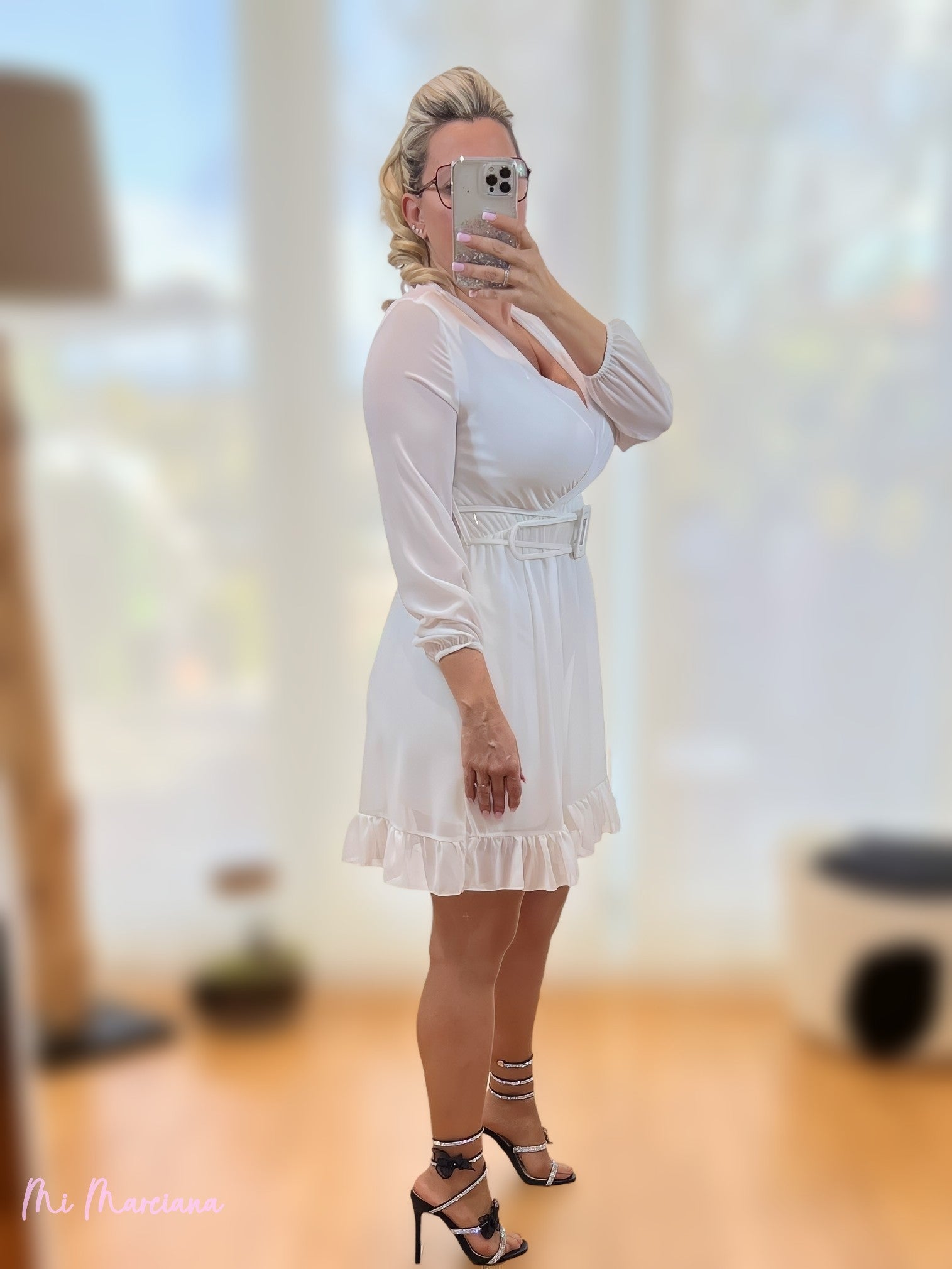 VESTIDO GASA BLANCO CINTURON TRANSPARENTE