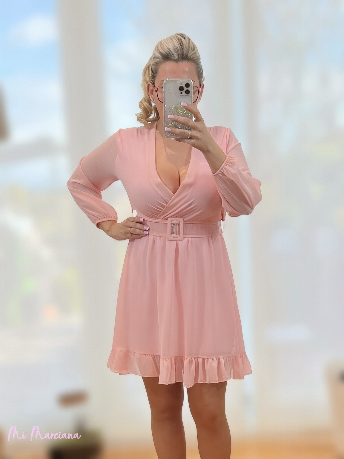 VESTIDO GASA ROSA CINTURON TRANSPARENTE