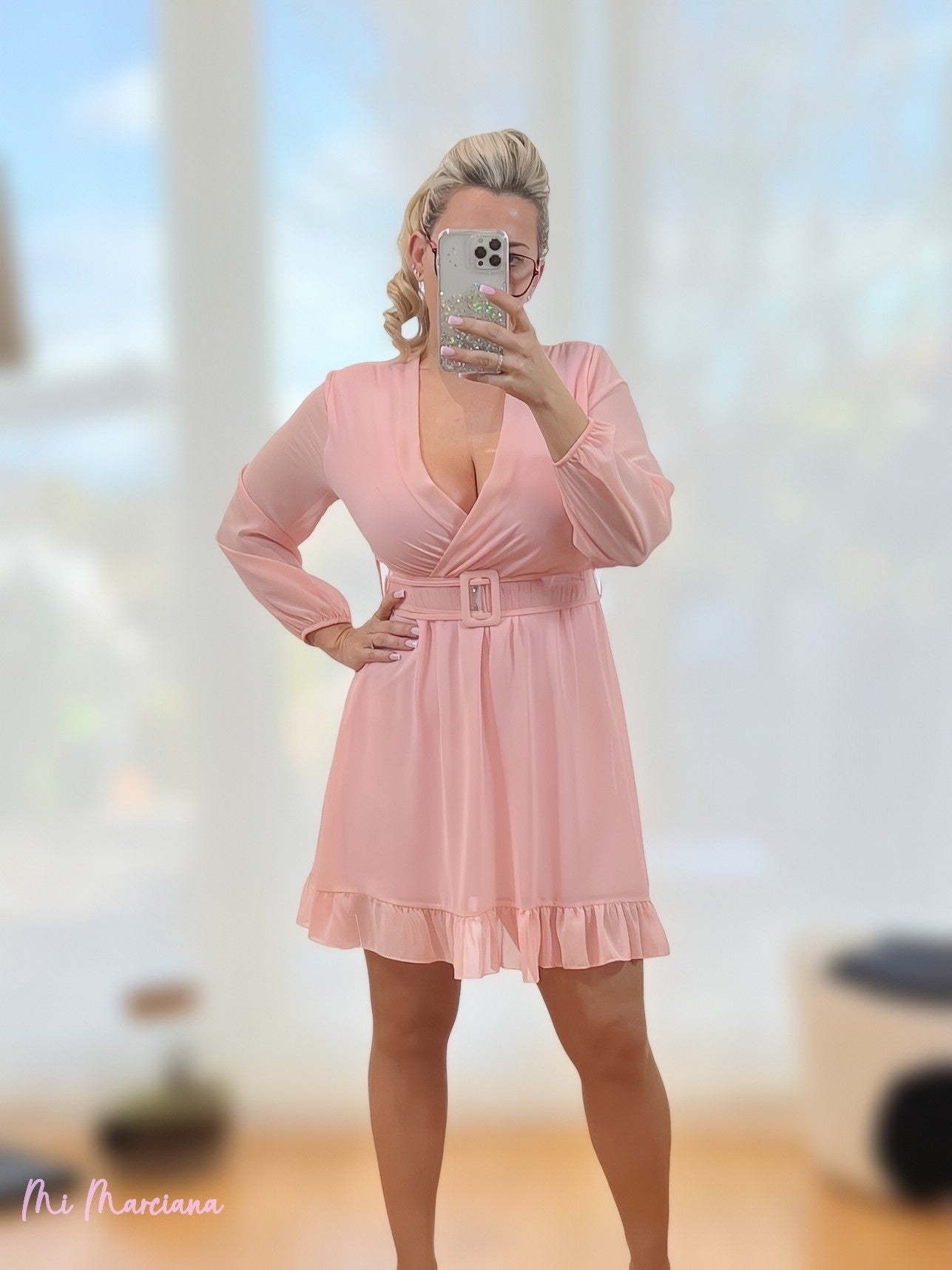 VESTIDO GASA ROSA CINTURON TRANSPARENTE