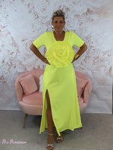 VESTIDO LONGO DE ALGODÃO FLOR AMARELO FLUO