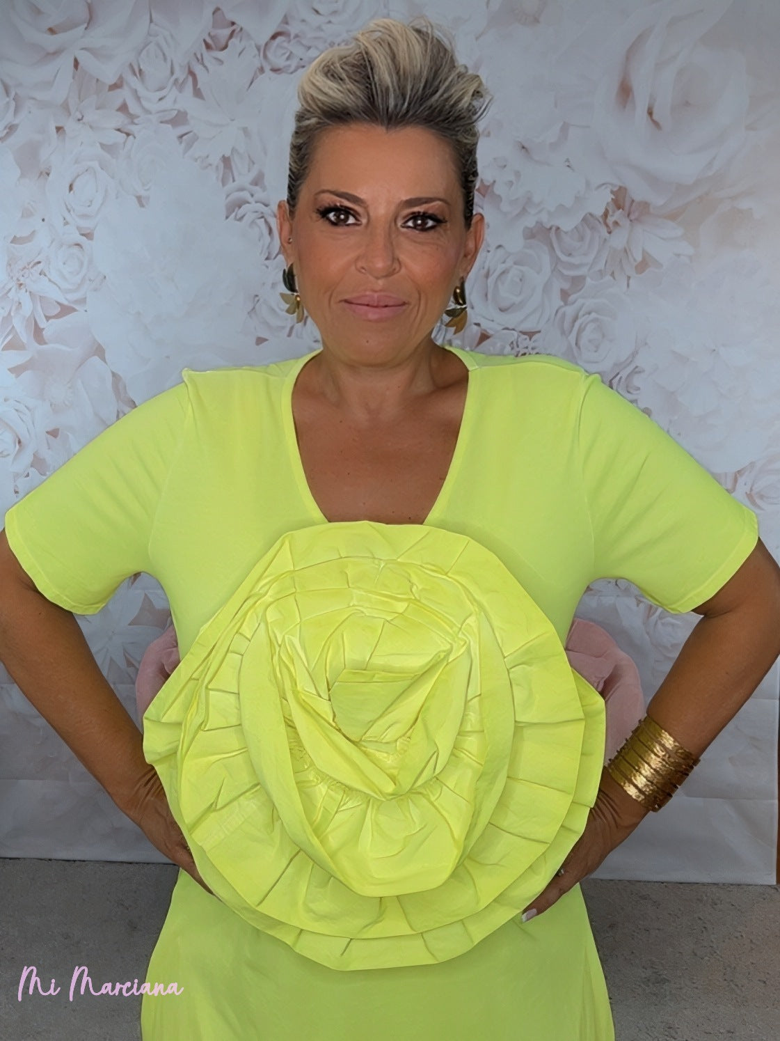 VESTIDO LONGO DE ALGODÃO FLOR AMARELO FLUO