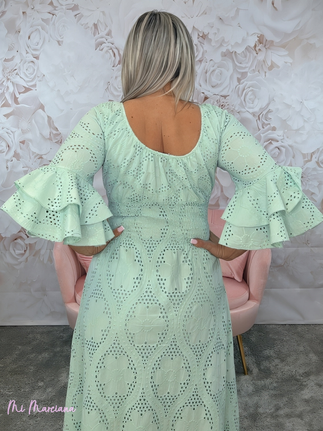 VESTIDO LONGO BORDADO INGLÊS VERDE ÁGUA