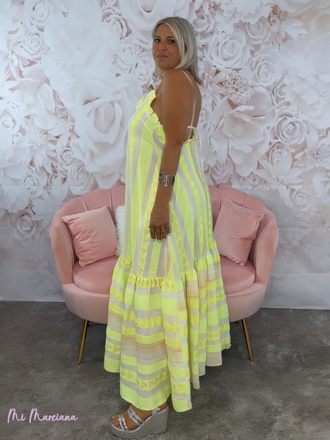 VESTIDO ÉTNICO LONGO COM ALÇAS AMARELO FLUO