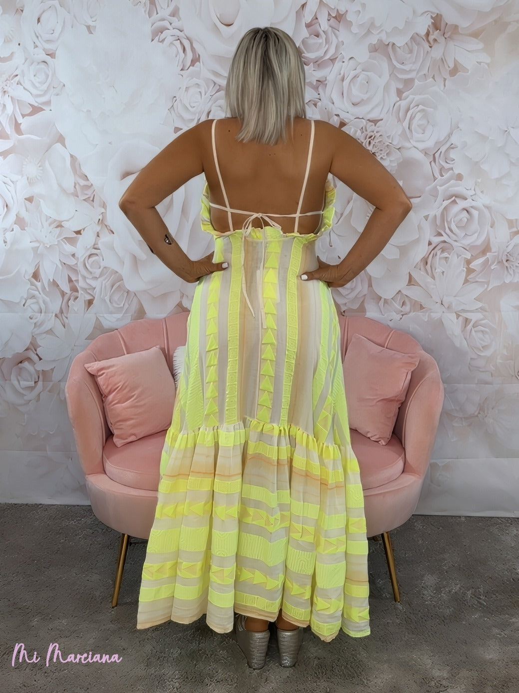 VESTIDO ÉTNICO LONGO COM ALÇAS AMARELO FLUO