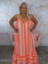 VESTIDO LARGO ÉTNICO TIRANTES NARANJA FLUOR