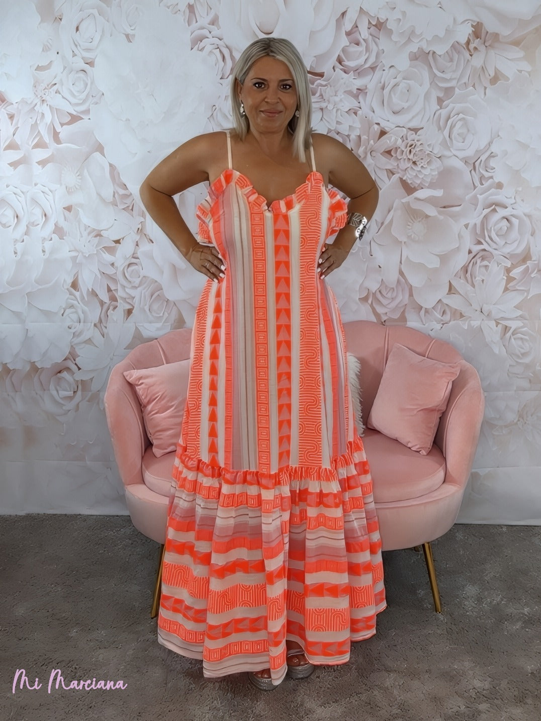 VESTIDO ÉTNICO LONGO COM ALÇAS LARANJA FLUOR