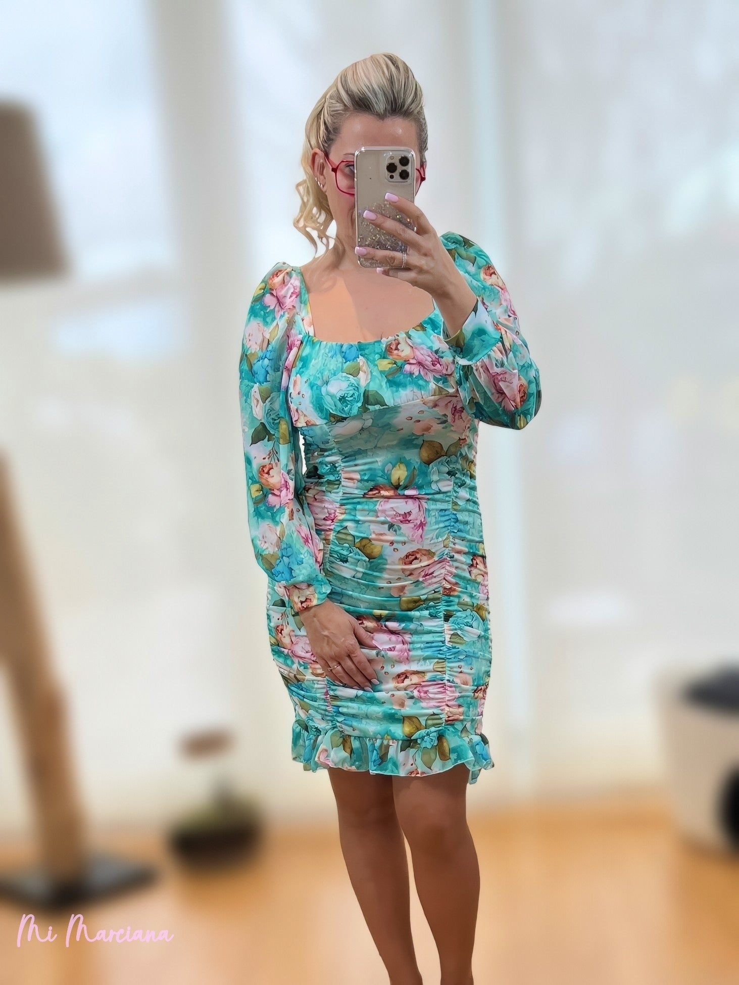 VESTIDO MIDI FRUNCIDO FLORES TURQUESA