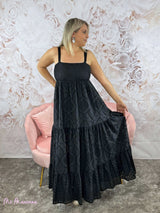 VESTIDO LARGO TIRANTES BORDADO INGLES NEGRO