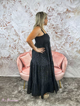 VESTIDO LONGO PRETO COM ALÇAS BORDADAS INGLÊS