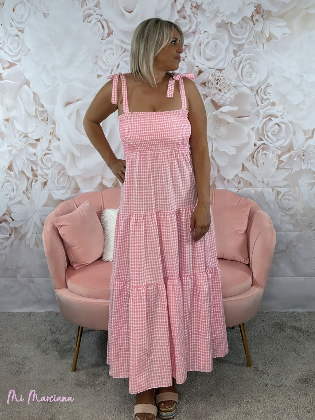 VESTIDO DE ALÇAS VICHY COM LAÇO ROSA