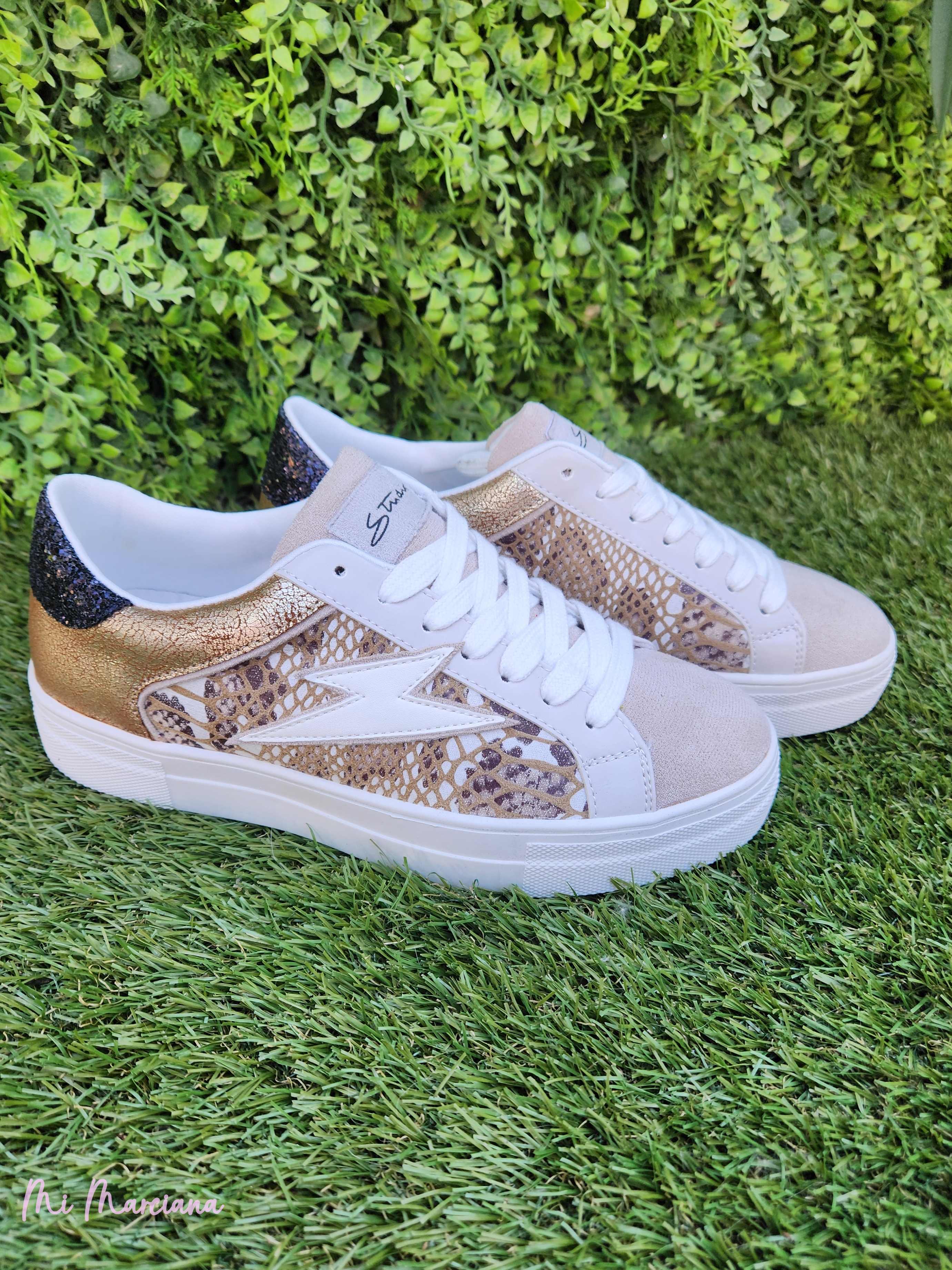 ZAPATILLAS ANIMAL PRINT BEIGE Y DORADAS